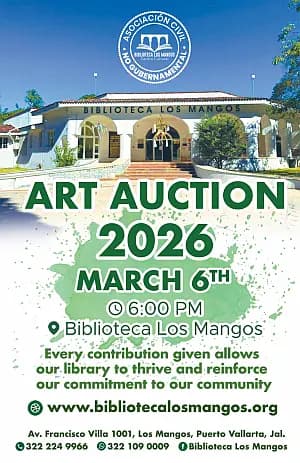Official Biblioteca Los Mangos Art Auction poster with the library facade